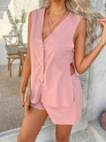 Devine Button Down V-Neck Tank and Shorts Set - Trendsi - Flyclothing LLC