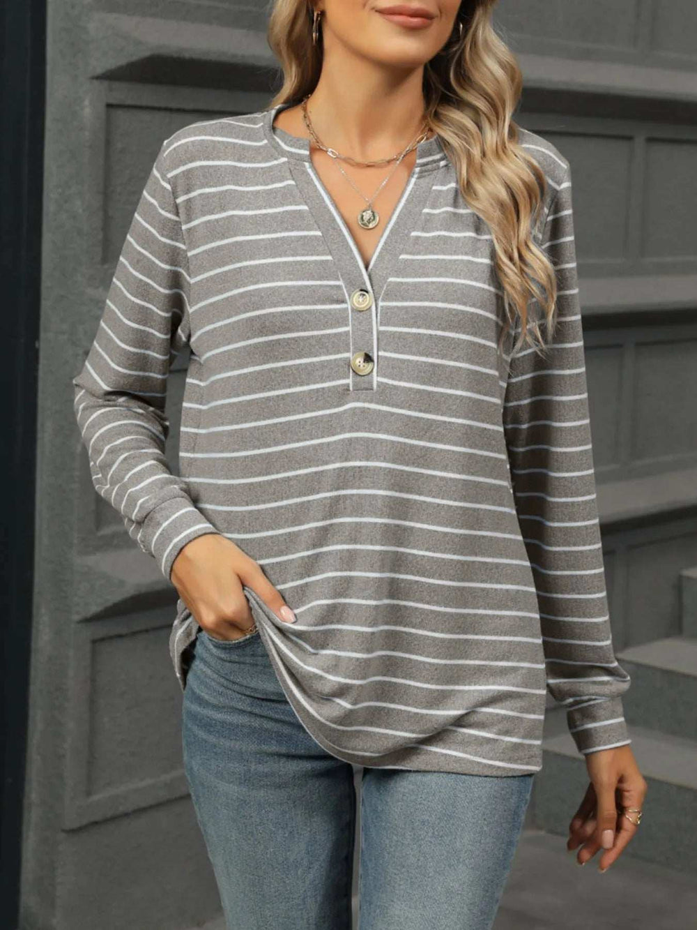 Striped Henley T-Shirt with Button Detail - Trendsi - Flyclothing LLC