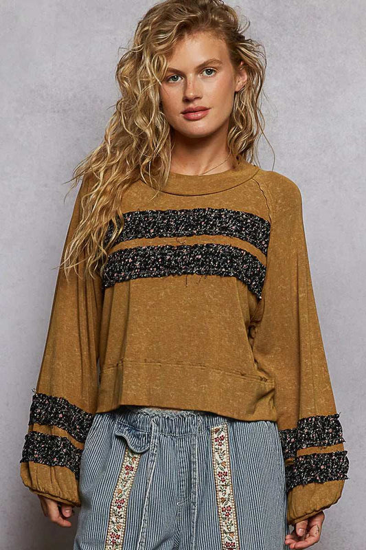 POL Print Patch Round Neck Balloon Sleeve Cropped Top - Trendsi - Flyclothing LLC