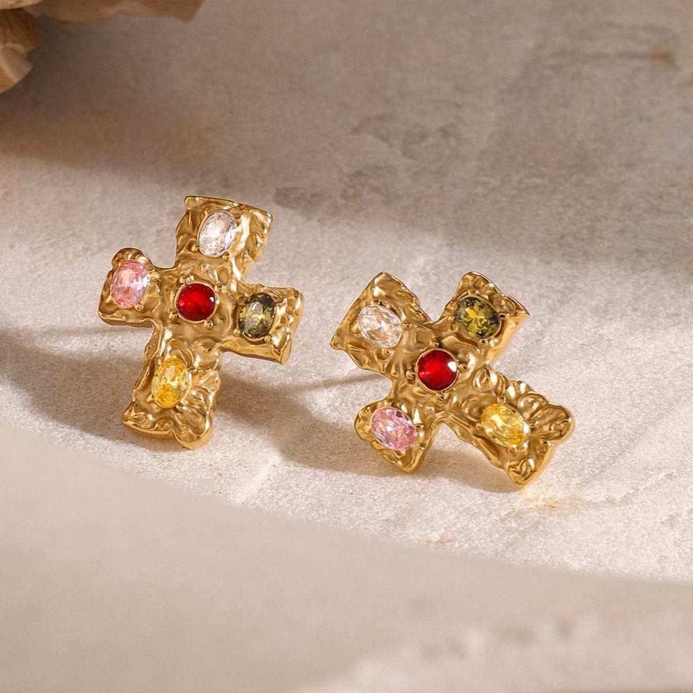 18K Gold-Plated Zircon Cross Earrings - Trendsi - Flyclothing LLC