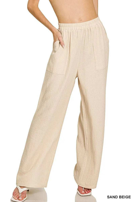 Zenana Double Gauze Elastic Band Pants - Trendsi - Flyclothing LLC