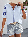 Embroidered Tie Neck Puff Sleeve Blouse - Trendsi - Flyclothing LLC