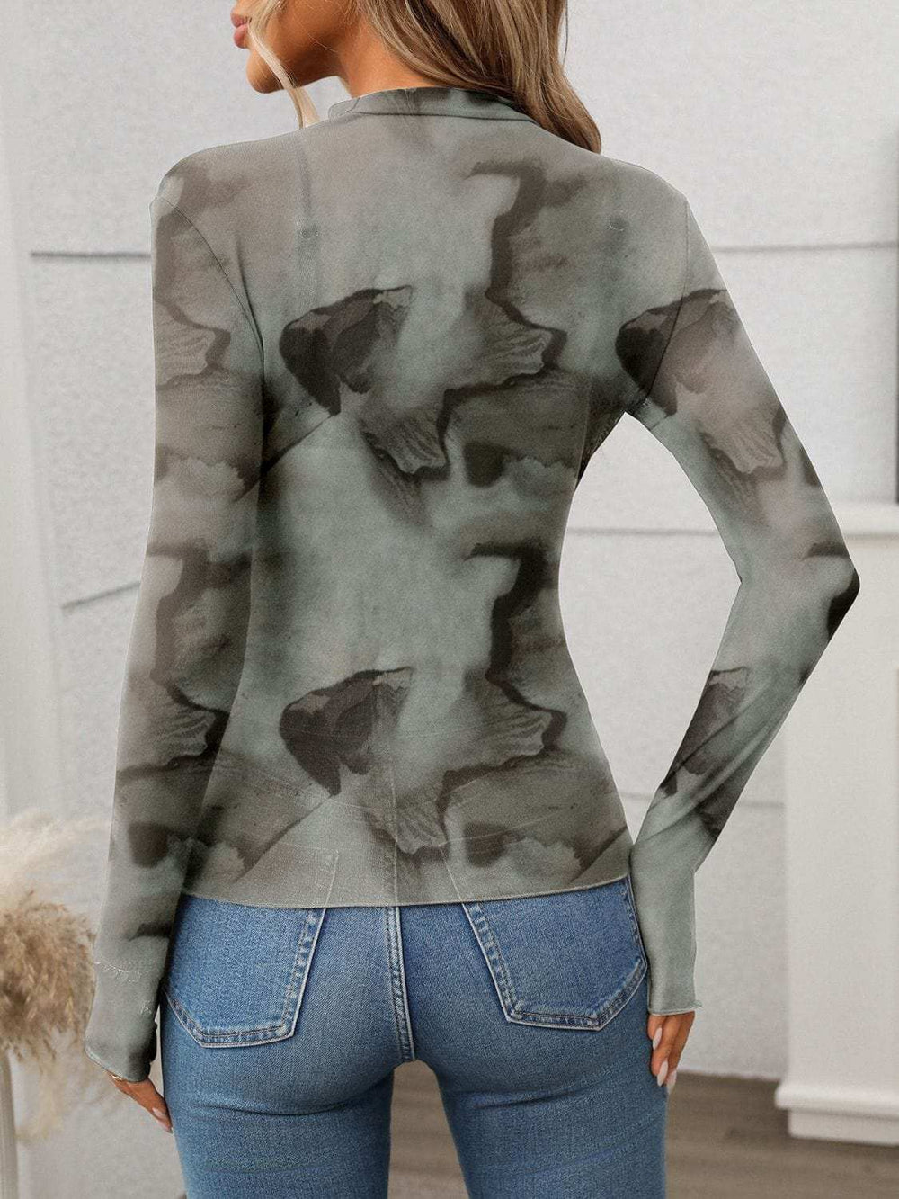 Printed Mock Neck Long Sleeve Mesh T-Shirt - Trendsi - Flyclothing LLC