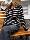 Striped Cross Front Long Sleeve Knit Top - Trendsi - Flyclothing LLC