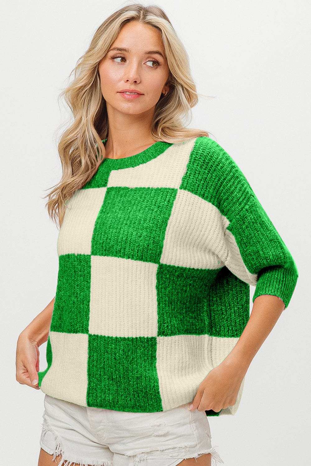 BiBi Checkered Contrast Round Neck Sweater - Trendsi - Flyclothing LLC