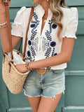 Embroidered Frill Notched Short Sleeve Blouse - Trendsi - Flyclothing LLC