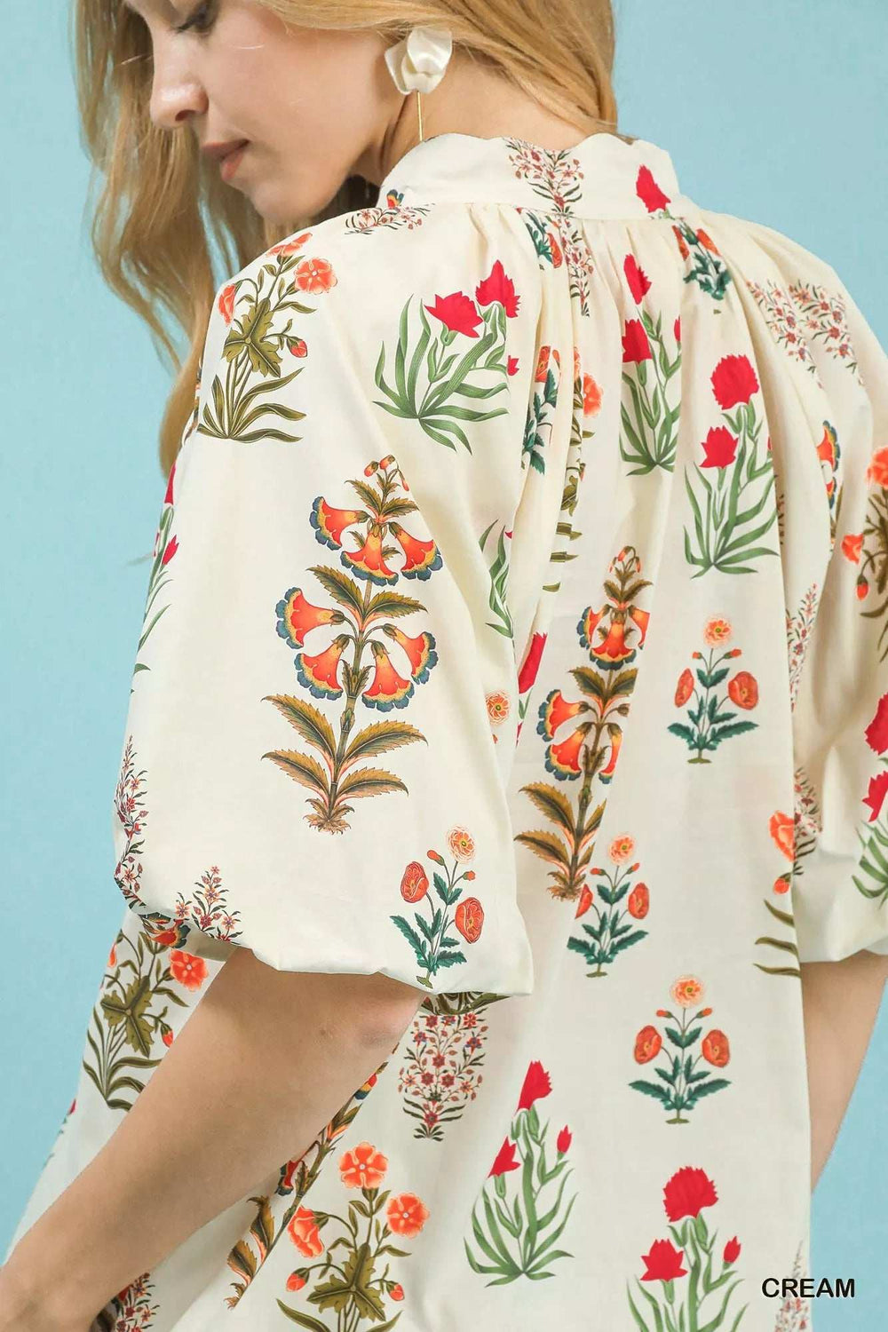 Umgee Floral Print Puff Sleeve Scallop Hem Blouse - Trendsi - Flyclothing LLC