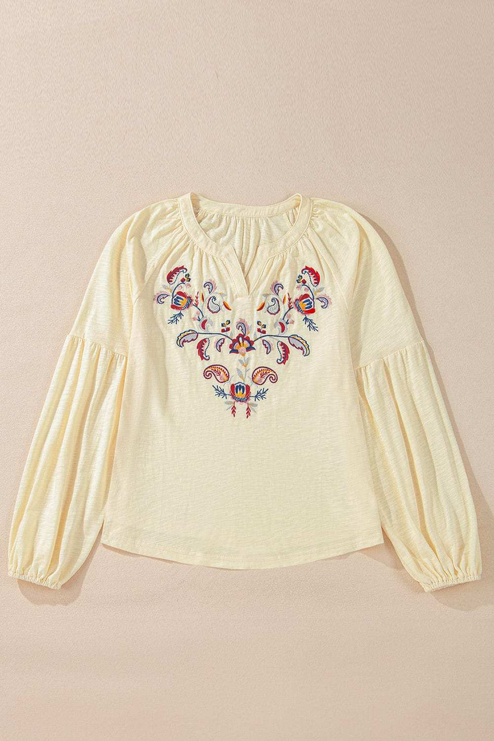 Embroidered Notched Long Sleeve Blouse - Trendsi - Flyclothing LLC