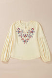 Embroidered Notched Long Sleeve Blouse - Trendsi - Flyclothing LLC