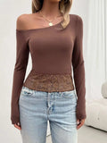 Single Shoulder Long Sleeve Lace T-Shirt - Trendsi - Flyclothing LLC