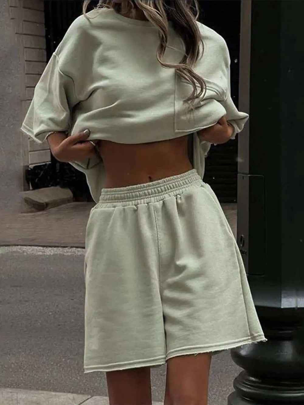 Pocketed Round Neck Half Sleeve Top and Shorts Set - Trendsi - Flyclothing LLC