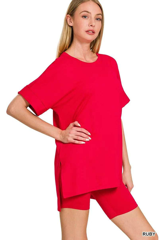 Zenana Full Size Brushed Dty Microfiber Round Neck Top and Biker Shorts Set Plus Size - Trendsi - Flyclothing LLC