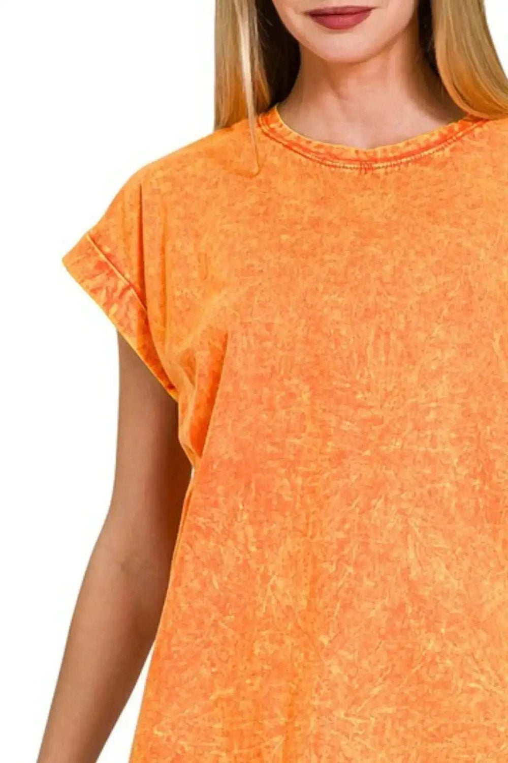 Zenana Crinkle Washed Round Neck Folded Short Sleeve Tee - Trendsi - Flyclothing LLC