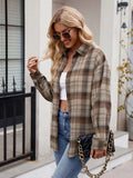 Pocketed Plaid Collared Neck Long Sleeve Shirt - Trendsi - Flyclothing LLC