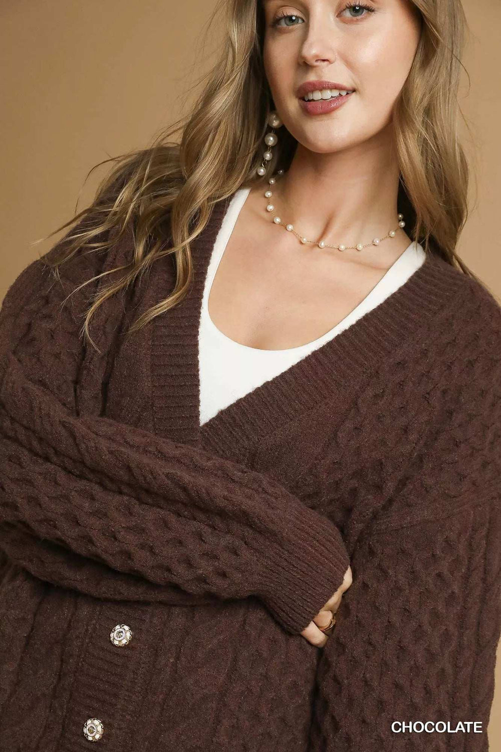 Umgee Cable Knit Pearl Button Cardigan - Trendsi - Flyclothing LLC