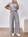 Round Neck Short Sleeve Top and Pants Set - Trendsi - Flyclothing LLC