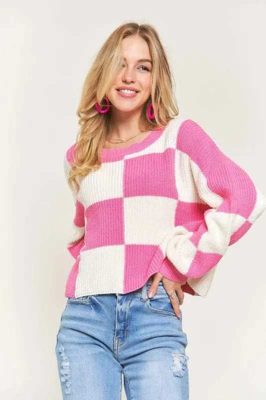 ADORA Plus Size Comfy Checkered Colorblock Sweater Top - Trendsi - Flyclothing LLC
