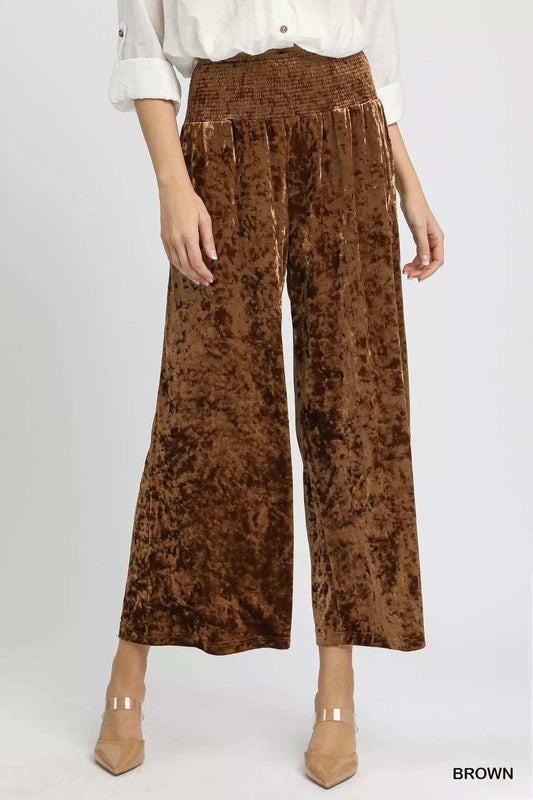 Umgee Velvet Smocked Waistband Wide Leg Pants - Trendsi - Flyclothing LLC