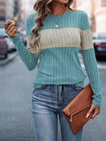 Color Block Round Neck Long Sleeve Top - Trendsi - Flyclothing LLC