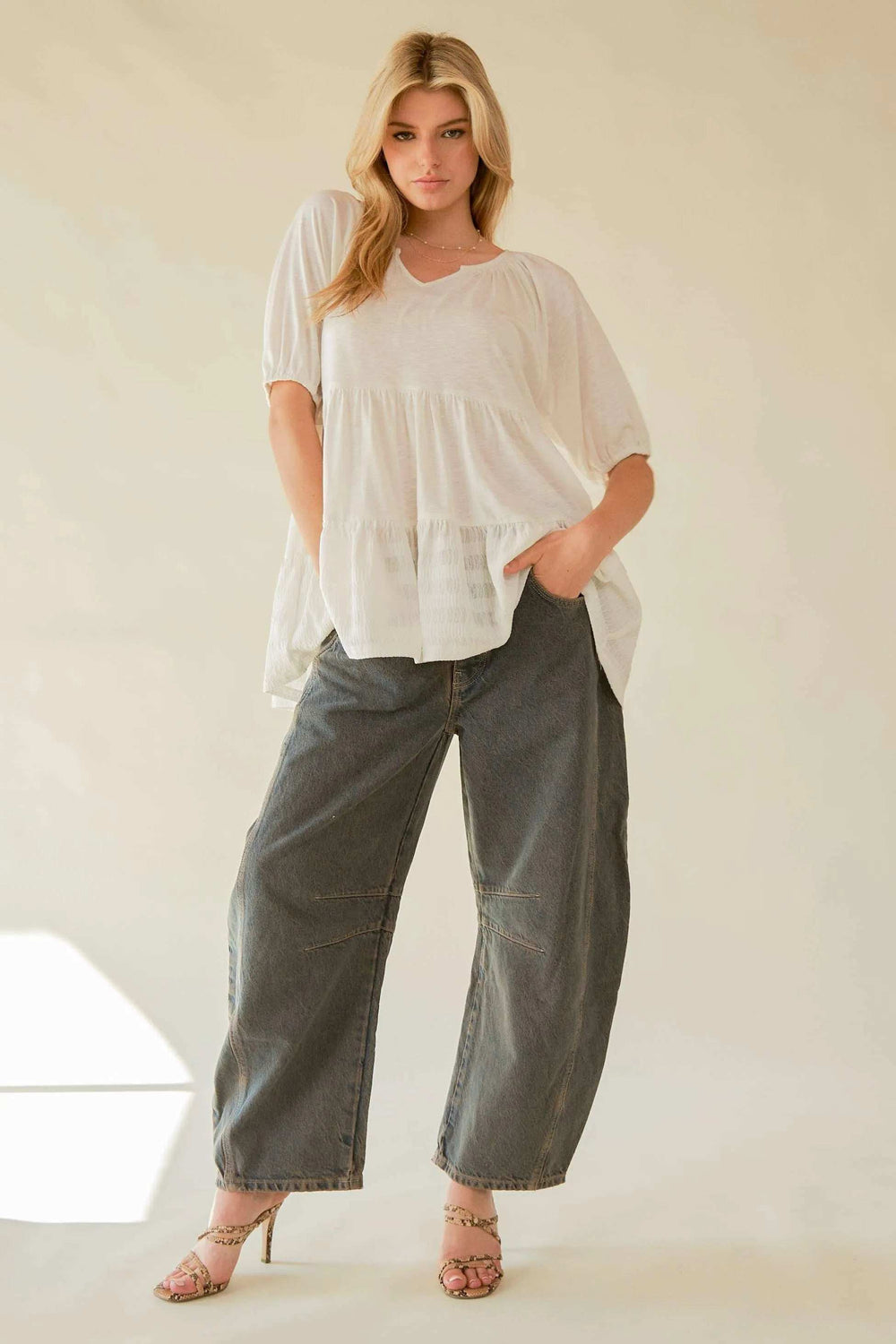 Davi & Dani Ruffled Flared Short Sleeve V Neck Blouse - Trendsi - Flyclothing LLC