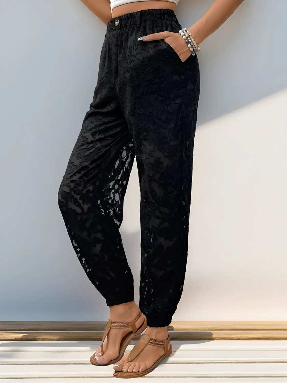 Pocketed Lace Elastic Waist Pants - Trendsi - Flyclothing LLC