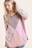 BiBi Thermal Waffle Color Block Top with Tie Dye - Trendsi - Flyclothing LLC