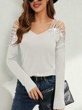 Rhinestone Cutout Long Sleeve T-Shirt - Trendsi - Flyclothing LLC