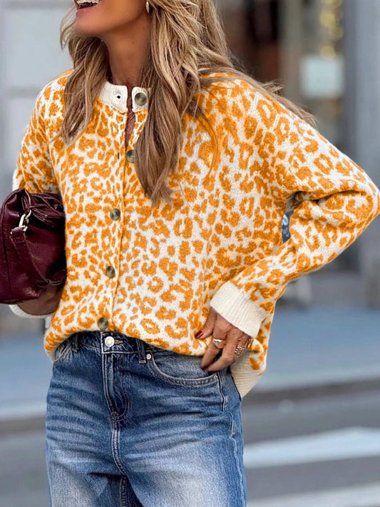 Leopard Drop Shoulder Chunky Knitted Cardigan - Trendsi - Flyclothing LLC