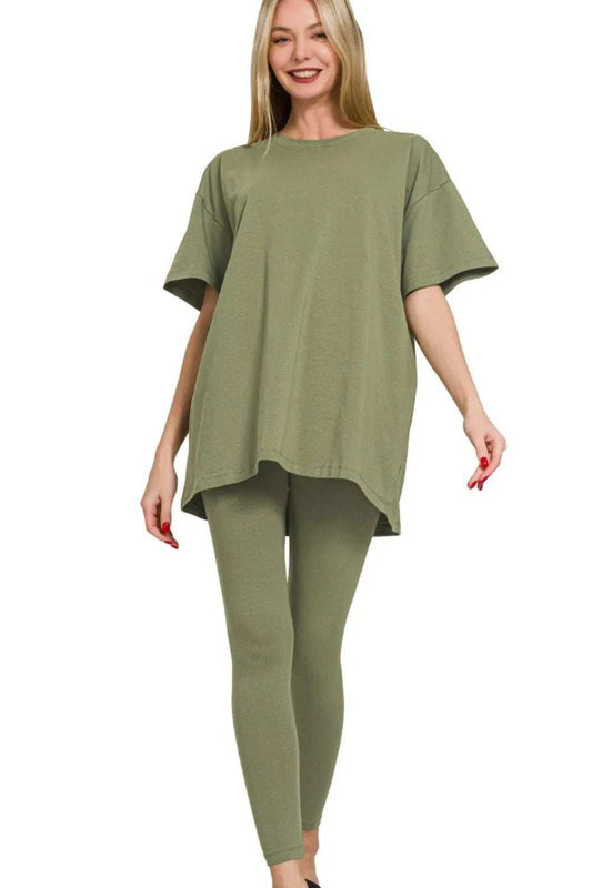 Zenana Cotton Round Neck Top & Legging Set - Trendsi - Flyclothing LLC