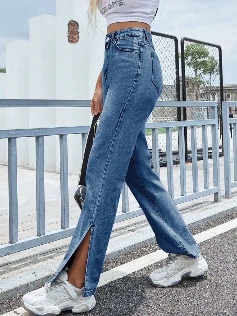 Slit High Waist Jeans with Pockets - Trendsi - Flyclothing LLC