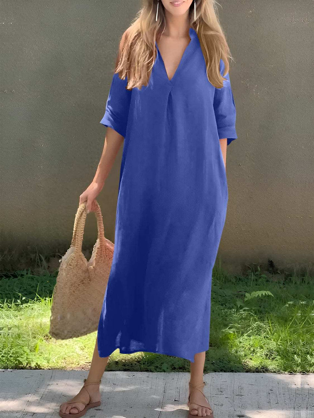 Full Size Notched Half Sleeve Midi Dress - Trendsi - Flyclothing LLC