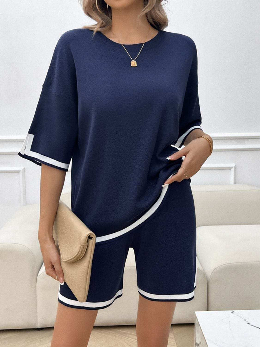 Contrast Trim Round Neck Top and Shorts Set - Trendsi - Flyclothing LLC