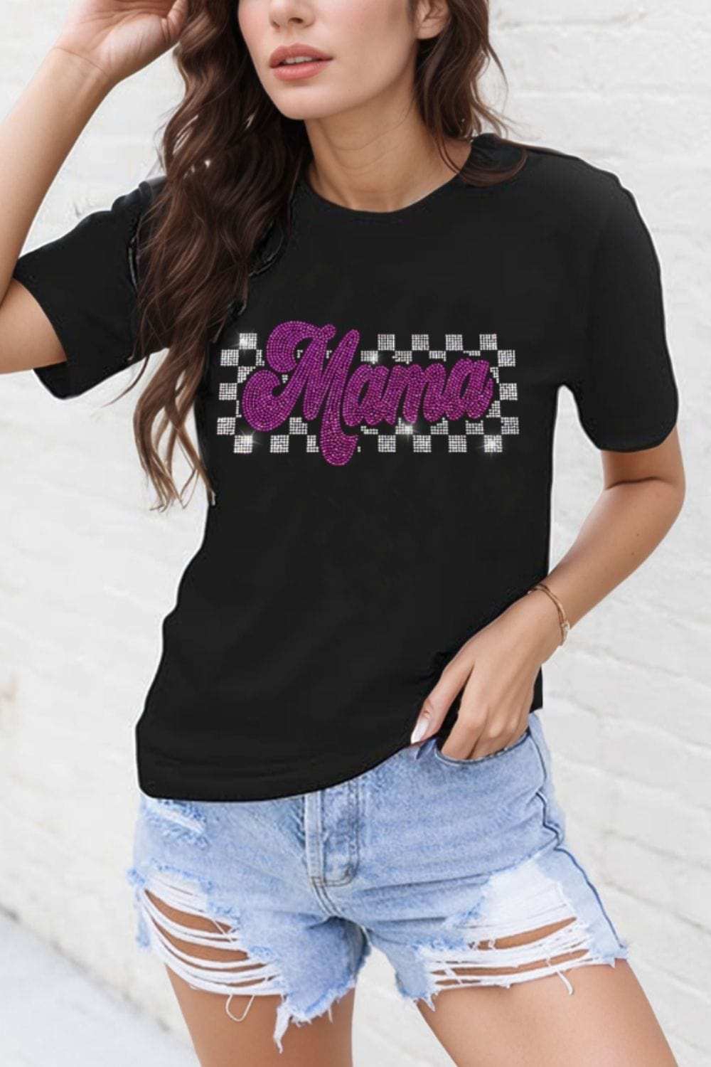 MAMA Rhinestone Letter Round Neck T-Shirt - Trendsi - Flyclothing LLC