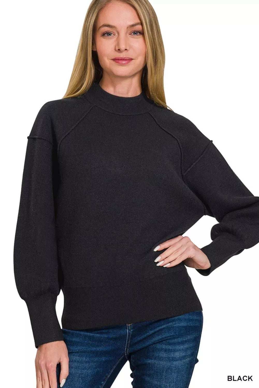 Zenana Viscose Mock Neck Exposed Seam Sweater - Trendsi - Flyclothing LLC