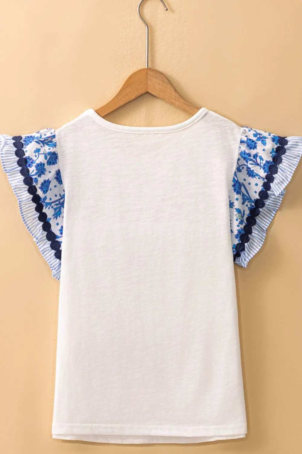 Round Neck Printed Ruffled Cap Sleeve Blouse - Trendsi - Flyclothing LLC