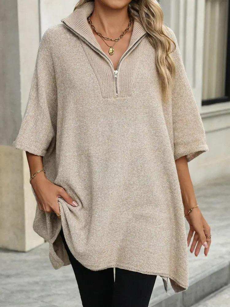 Slit Quarter Zip Half Sleeve Sweater - Trendsi - Flyclothing LLC