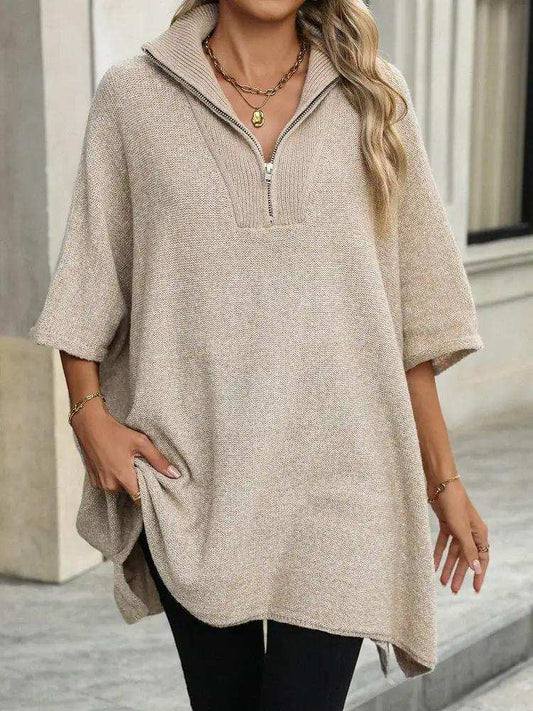 Slit Quarter Zip Half Sleeve Sweater - Trendsi - Flyclothing LLC