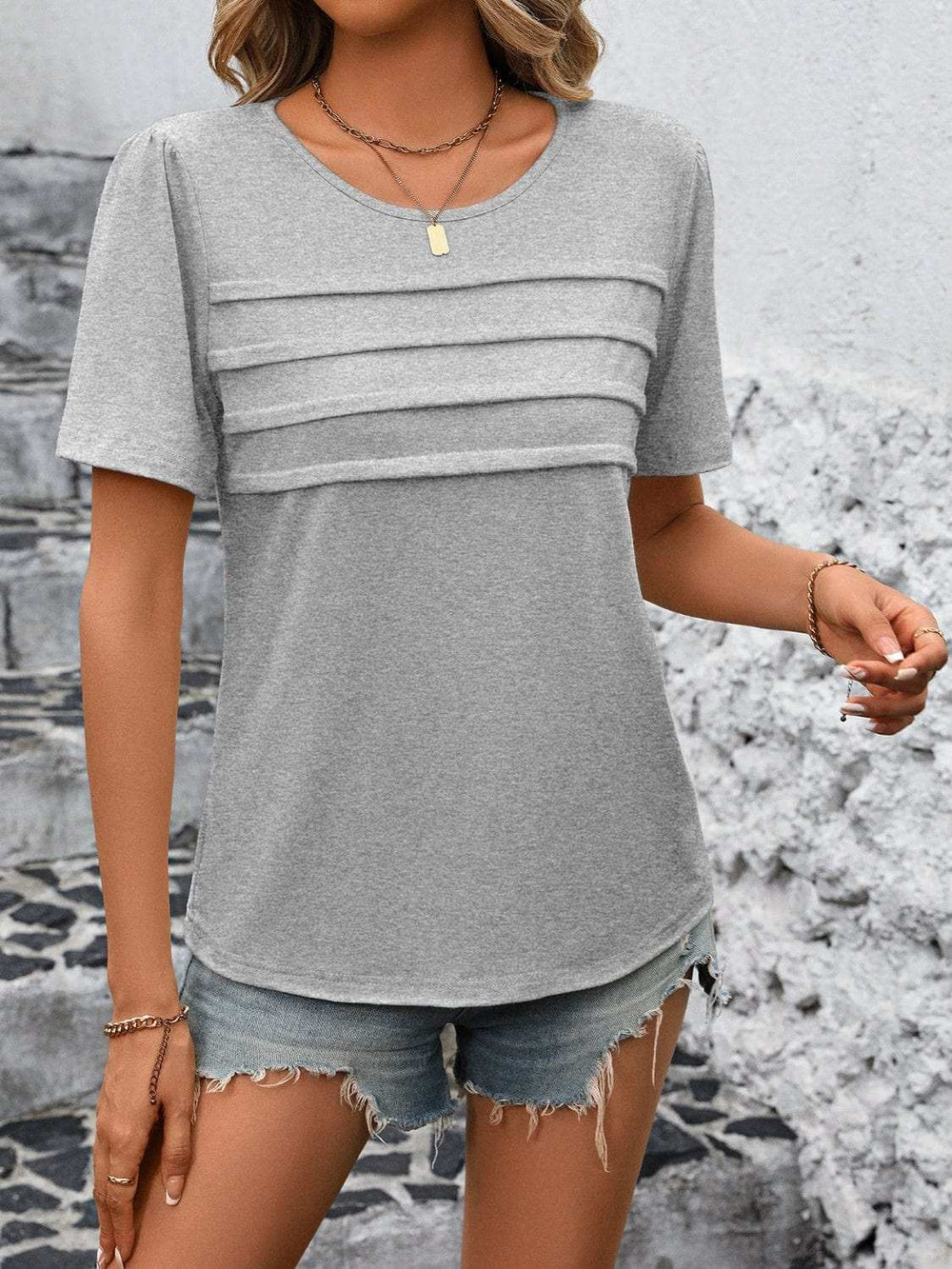Round Neck Short Sleeve Top - Trendsi - Flyclothing LLC