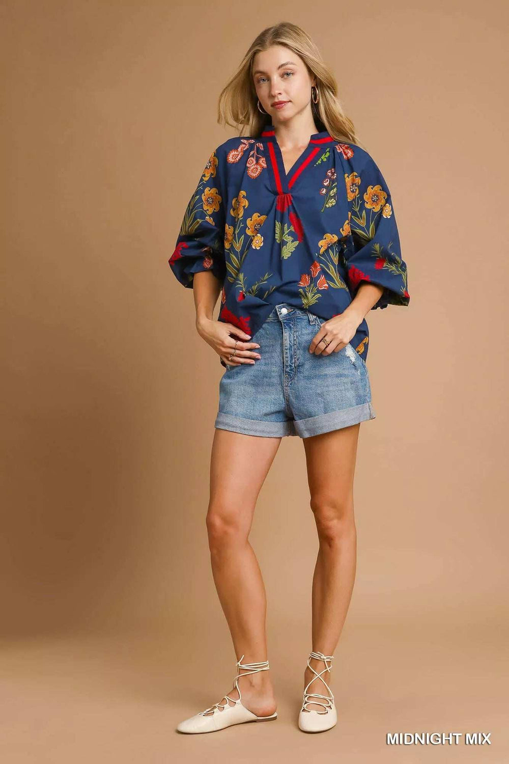 Umgee Floral Print Flounce Sleeve Blouse - Trendsi - Flyclothing LLC