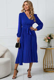 V-Neck Long Sleeve Tie Waist Midi Dress - Trendsi - Flyclothing LLC