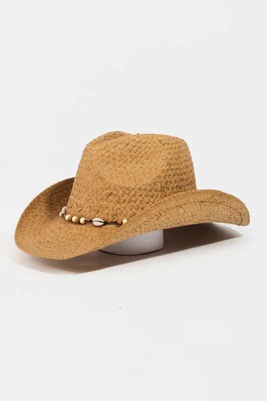 Fame Beaded Cowrie Shell Straw Weave Western Cowboy Hat - Trendsi - Flyclothing LLC