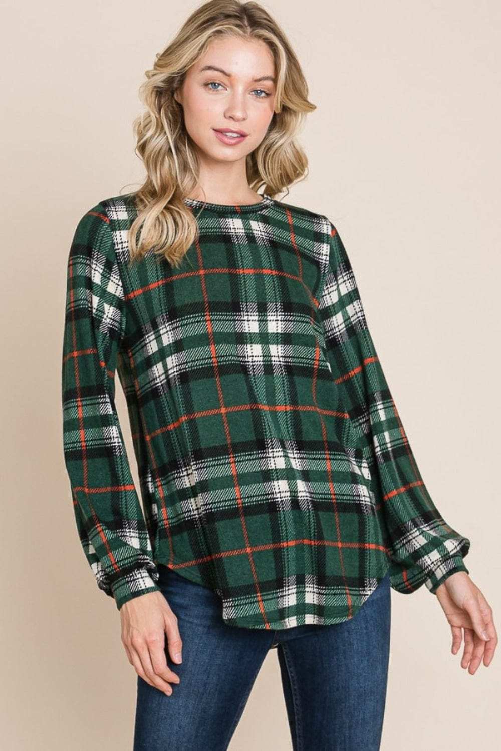 BOMBOM Curved Hem Plaid Round Neck Long Sleeve Top - Trendsi - Flyclothing LLC