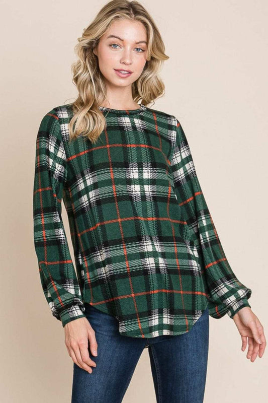 BOMBOM Curved Hem Plaid Round Neck Long Sleeve Top - Trendsi - Flyclothing LLC