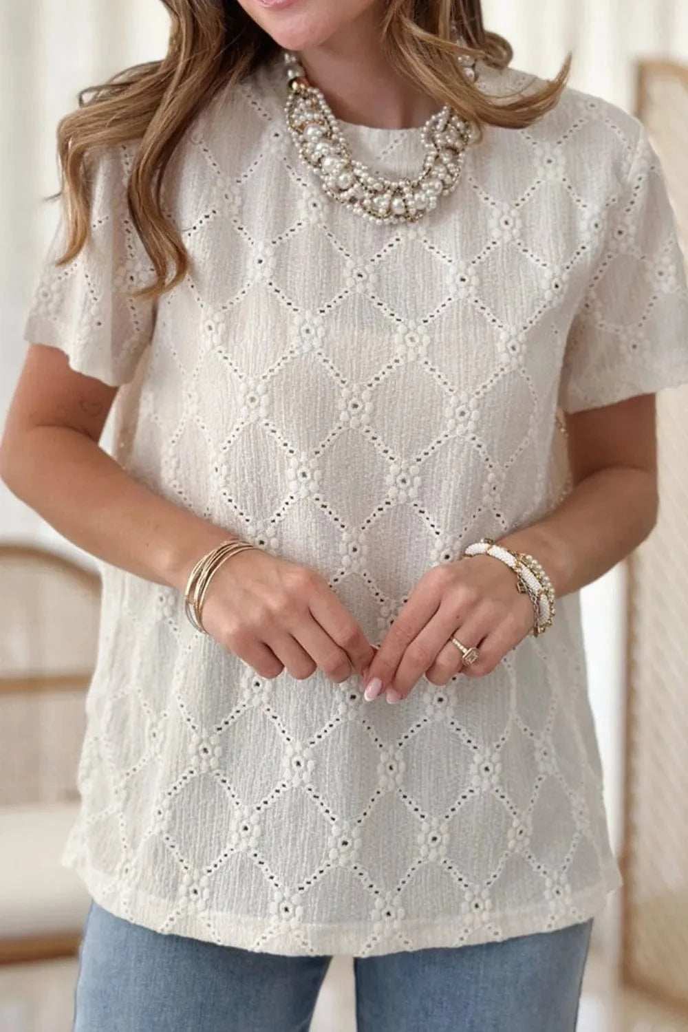 Eyelet Round Neck Short Sleeve Blouse - Trendsi - Flyclothing LLC