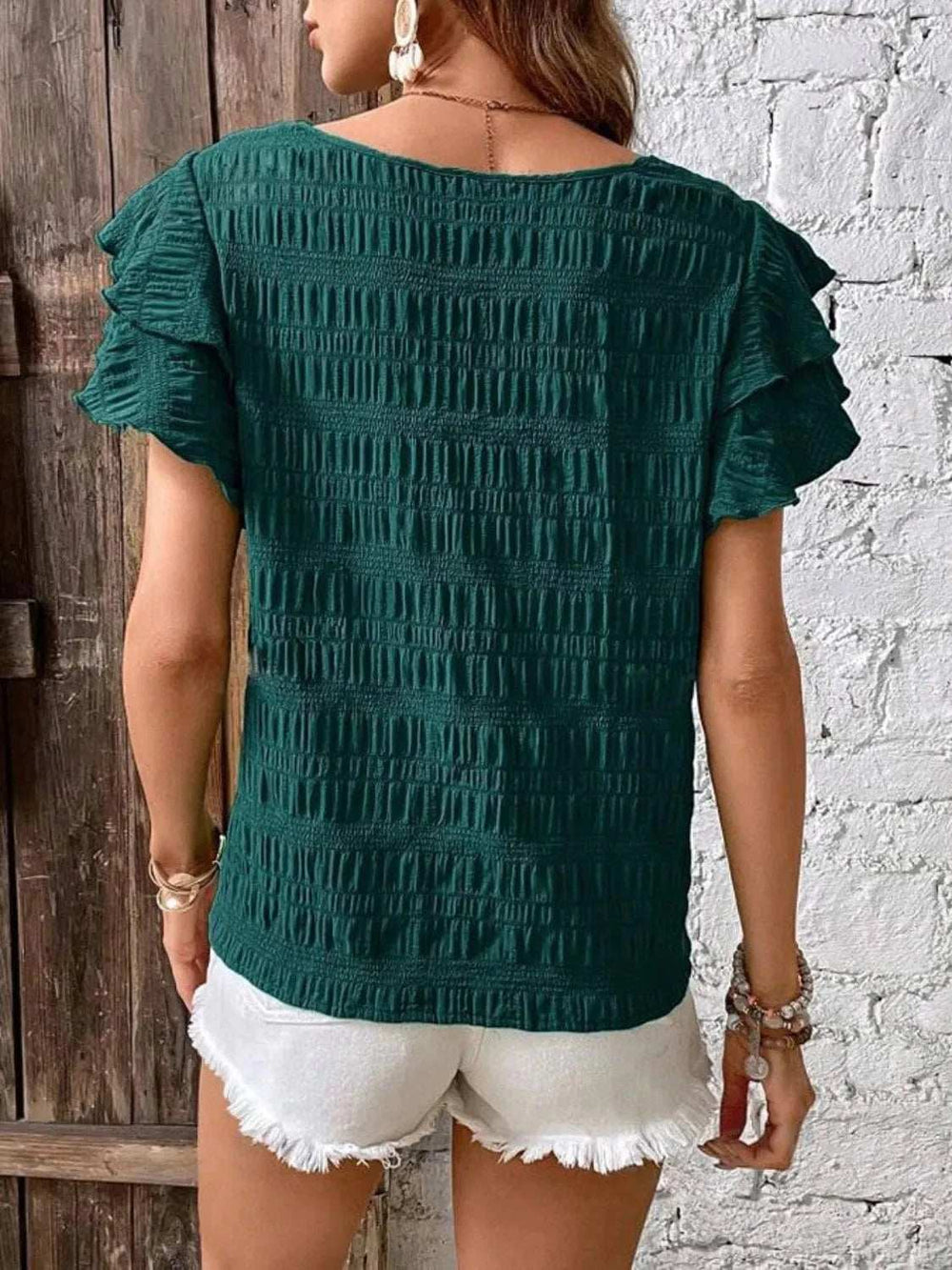 Round Neck Ruffled Short Sleeve Top - Trendsi - Flyclothing LLC