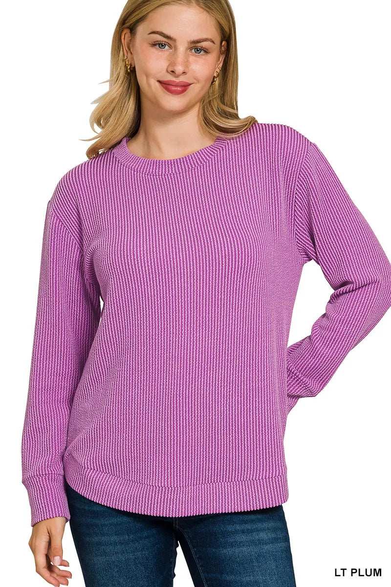Zenana Full Size Raised Rib Round Neck Long Sleeve Top Plus Size - Trendsi - Flyclothing LLC
