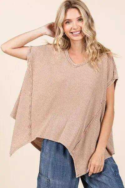 Mittoshop Mineral Wash Waffle Knit Pointed Hem Oversized Top - Trendsi - Flyclothing LLC