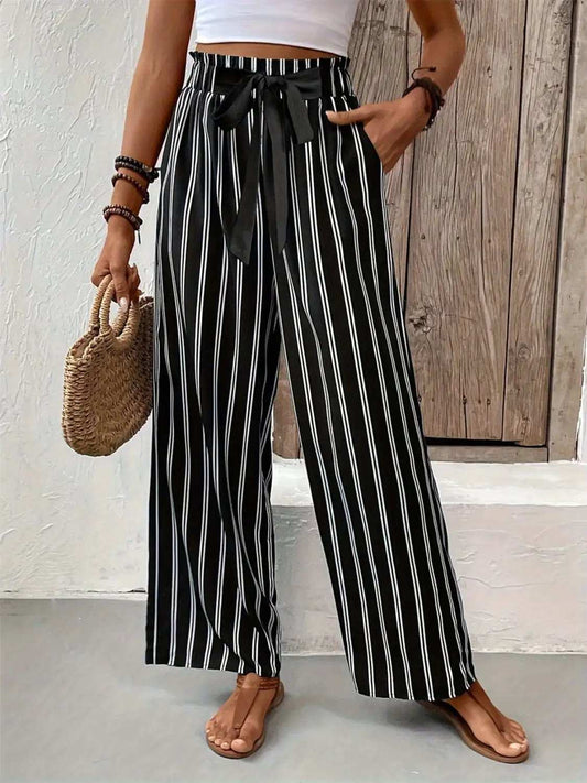 Striped High Waist Wide Leg Pants - Trendsi - Flyclothing LLC