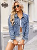 Pearl Trim Long Sleeve Denim Jacket - Trendsi - Flyclothing LLC