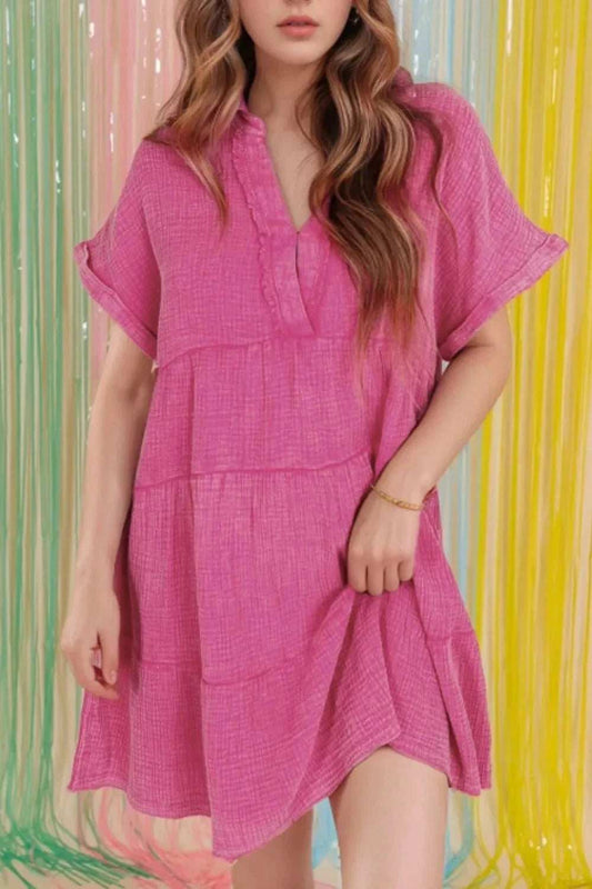 Mineral Wash Crinkle Split Neck Raw Hem Tiered Dress - Trendsi - Flyclothing LLC